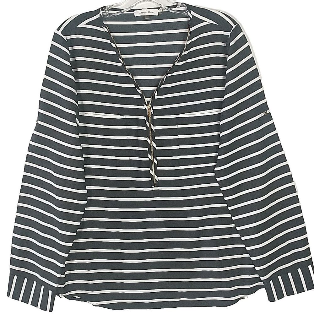Calvin Klein Size L Blouse Black White Stripe Long Sleeve Zipper V-Neck Tunic
